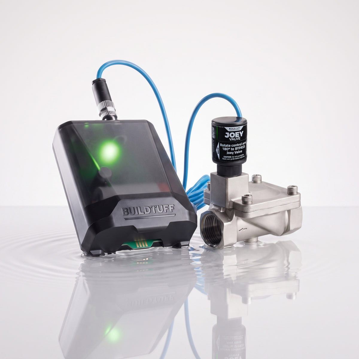 Joey Valve automatic water shutoff system control unit and stainless steel solenoid valve